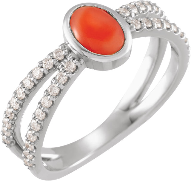 Platinum Oval Natural Pink Coral & Natural Diamond Accented Cabochon Ring