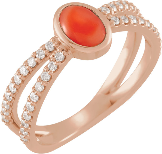14K Gold Oval Natural Pink Coral & Natural Diamond Accented Cabochon Ring - Rose Gold