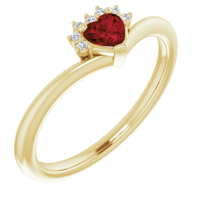14K Gold Natural Mozambique Garnet & Natural Diamond Accented Heart Ring - Yellow Gold