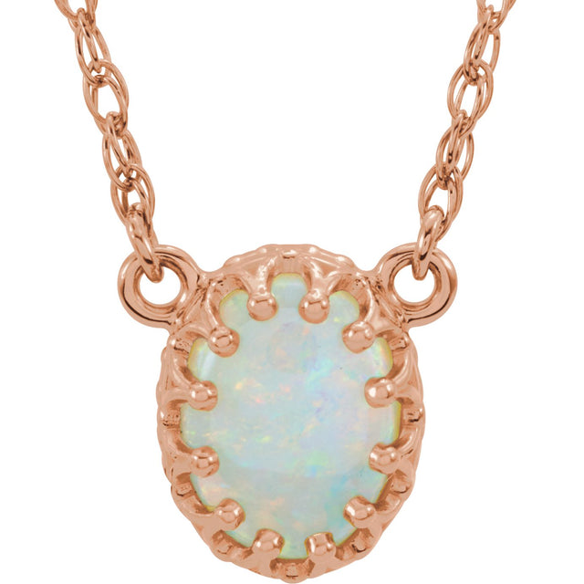 14K Gold Oval Natural White Opal Cabochon Crown Necklace - Rose Gold
