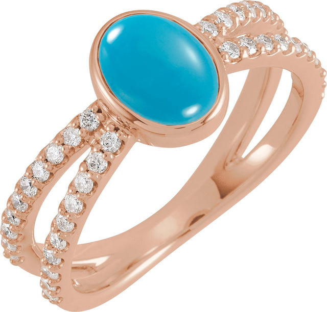 14K Gold Oval Natural Turquoise & Natural Diamond Accented Cabochon Ring – 8x6mm - Rose Gold