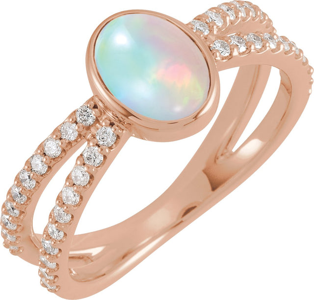 14K Gold Oval Natural Ethiopian Opal & Natural Diamond Accented Cabochon Ring - Rose Gold