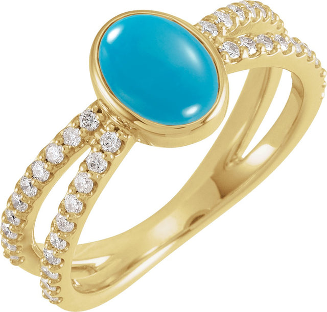 14K Gold Oval Natural Turquoise & Natural Diamond Accented Cabochon Ring – 8x6mm - Yellow Gold