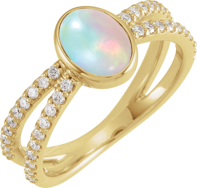 14K Gold Oval Natural Ethiopian Opal & Natural Diamond Accented Cabochon Ring - Yellow Gold