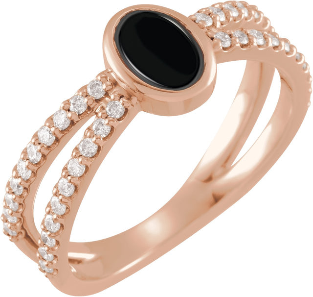 14K Gold Oval Natural Black Onyx & Natural Diamond Accented Cabochon Ring – 7x5mm - Rose Gold