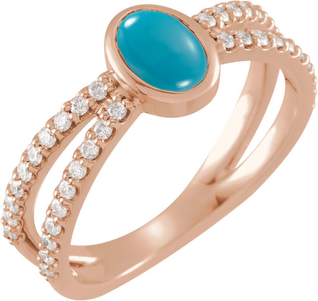14K Gold Oval Natural Turquoise & Natural Diamond Accented Cabochon Ring – 8x6mm - Rose Gold