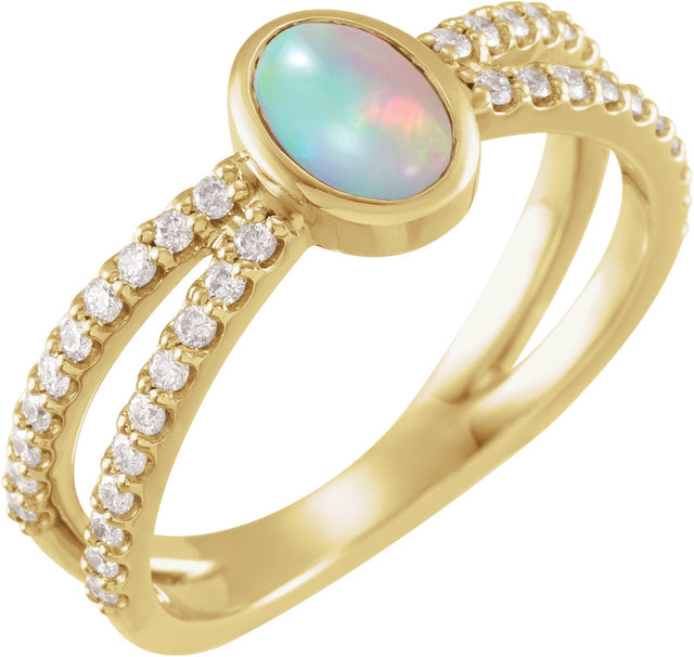 14K Gold Oval Natural Ethiopian Opal & Natural Diamond Accented Cabochon Ring - Yellow Gold