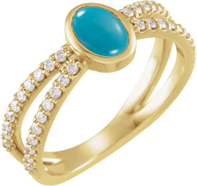 14K Gold Oval Natural Turquoise & Natural Diamond Accented Cabochon Ring – 8x6mm - Yellow Gold