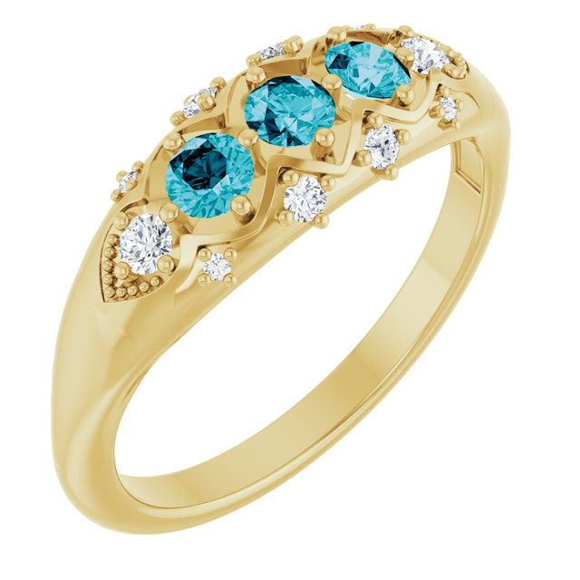 14K Gold Round Natural London Blue Topaz & Natural Diamond Accented Three-Stone Ring - Yellow Gold