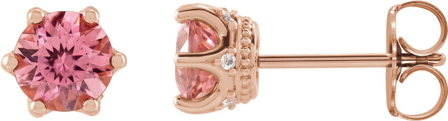 14K Gold Natural Pink Tourmaline & Natural Diamond Round 6-Prong Accented Crown Stud Earrings - Rose Gold