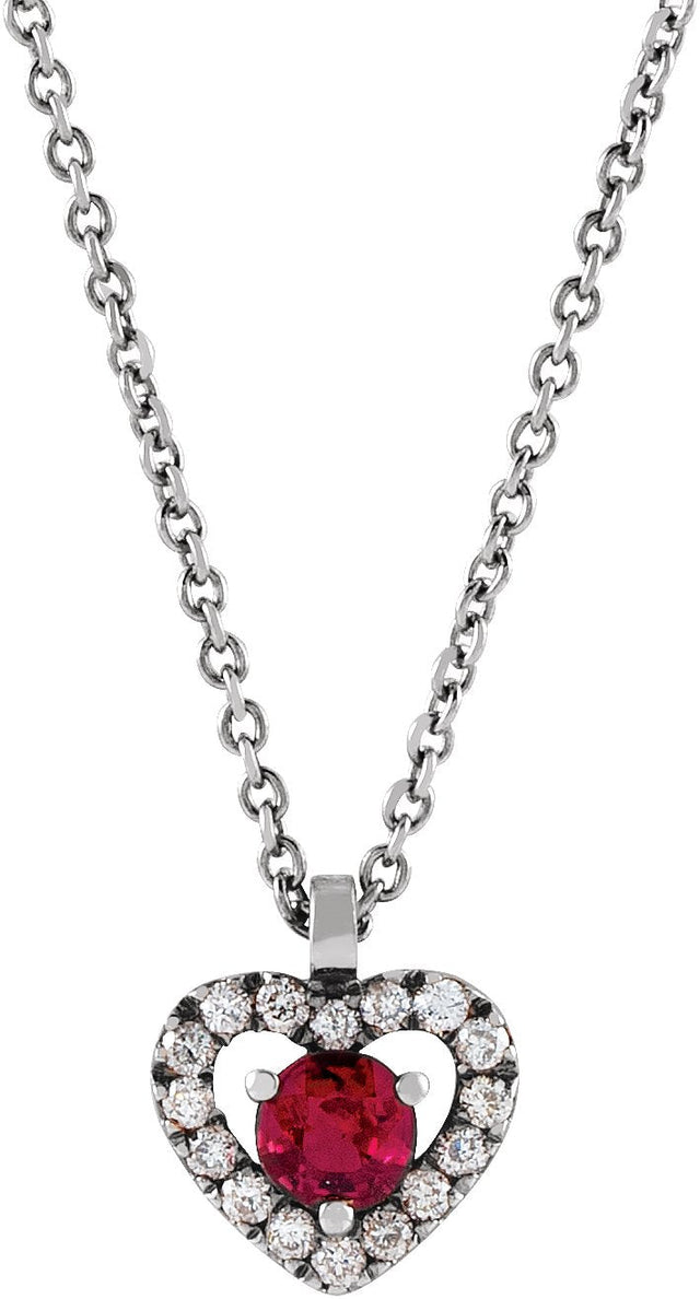14K Gold Round Natural Ruby & Natural Diamond Accented Heart Necklace - White Gold