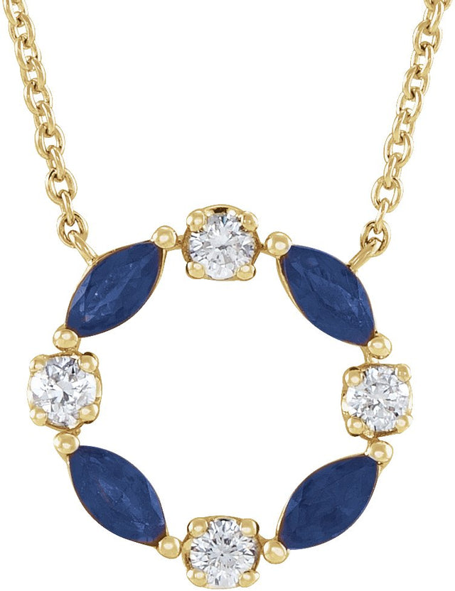 14K Gold Marquise Natural Blue Sapphire & Natural Diamond Accented Circle Necklace - Yellow Gold
