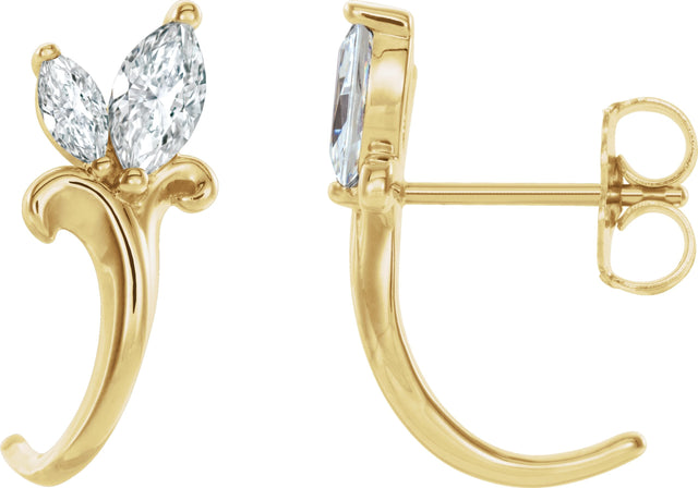 14K Gold Marquise Natural White Sapphire Floral J-Hoop Earrings - Yellow Gold
