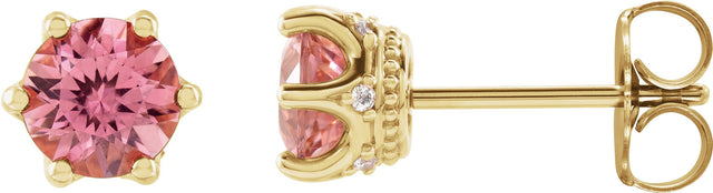 14K Gold Natural Pink Tourmaline & Natural Diamond Round 6-Prong Accented Crown Stud Earrings - Yellow Gold