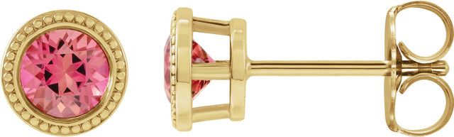 14K Gold Natural Pink Tourmaline Round Bezel-Set Stud Earrings - Yellow Gold