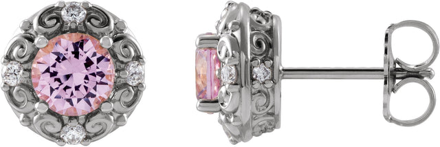 Platinum Natural Pink Tourmaline & Natural Diamond Round 4-Prong Halo-Style Earrings