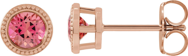 14K Gold Natural Pink Tourmaline Round Bezel-Set Stud Earrings - Rose Gold
