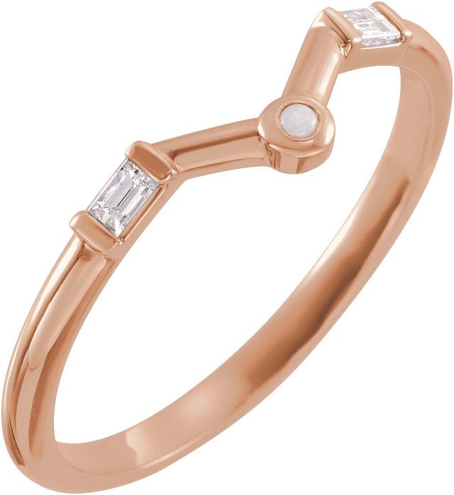 14K Gold Round Natural White Opal & Natural Diamond Accented Cabochon V Ring - Rose Gold