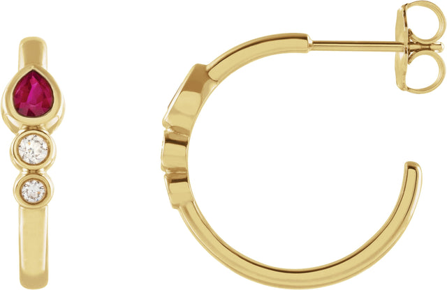 14K Gold Pear Natural Ruby & Natural Diamond Bezel-Set Hoop Earrings - Yellow Gold
