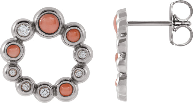 14K Gold Round Natural Pink Coral & Natural Diamond Bezel-Set Cabochon Earrings – 3mm Stones - White Gold