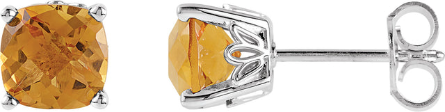 14K Gold Natural Citrine Cushion 4-Prong Scroll Setting Stud Earrings - White Gold