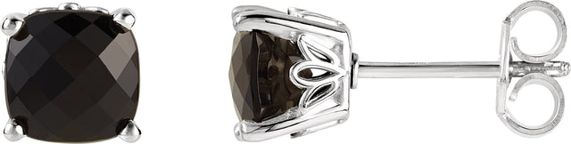 14K Gold Natural Black Onyx Cushion 4-Prong Scroll Setting Stud Earrings - White Gold