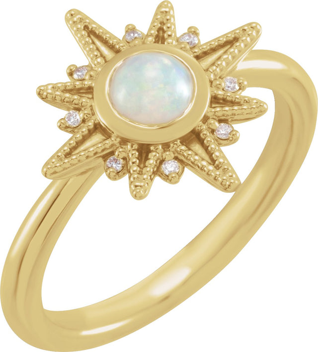 14K Gold Round Natural Ethiopian Opal & Natural Diamond Star Cabochon Ring - Yellow Gold
