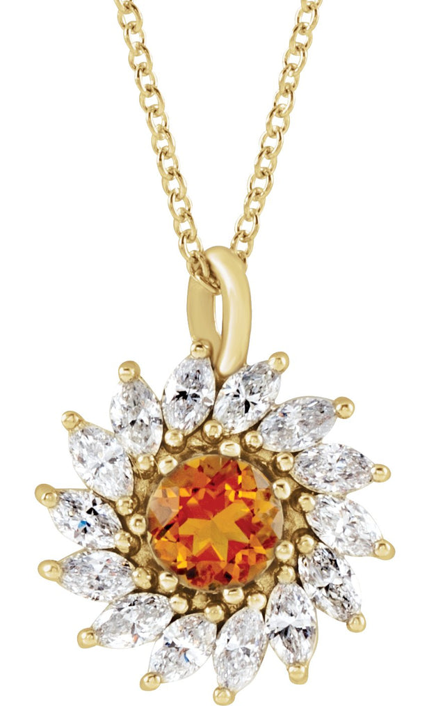 14K Gold Round Natural Citrine & Natural Diamond Halo-Style Necklace or Pendant – 3.5-6mm Stones - Yellow Gold