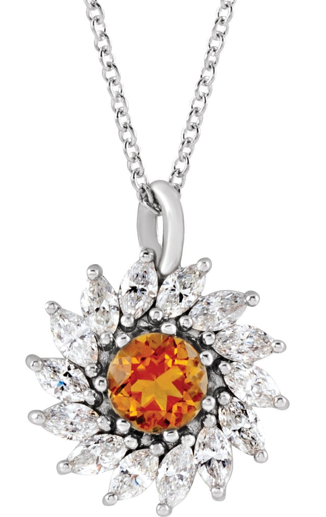 14K Gold Round Natural Citrine & Natural Diamond Halo-Style Necklace or Pendant – 3.5-6mm Stones - White Gold