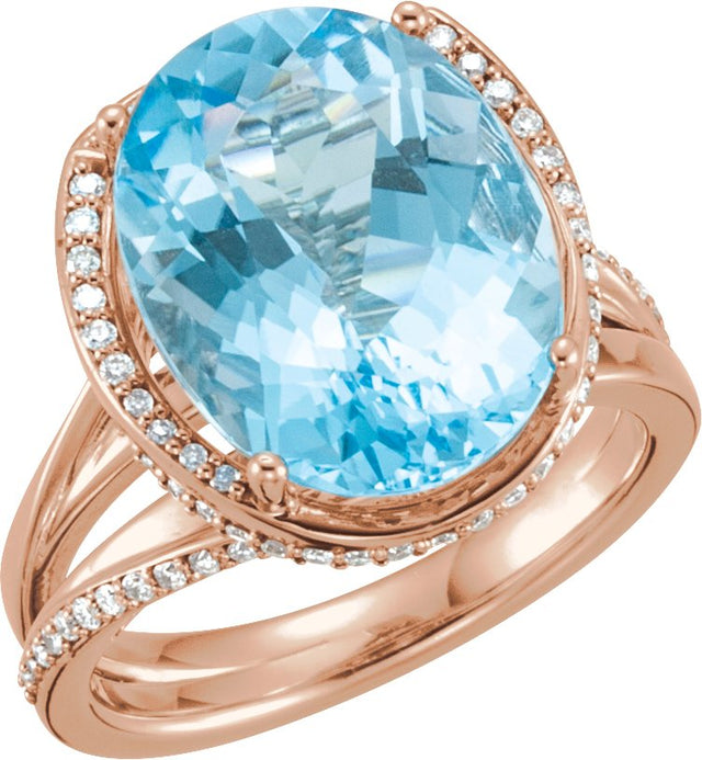 14K Gold Oval Natural Swiss Blue Topaz & Natural Diamond Accented Ring – 16x12mm - Rose Gold