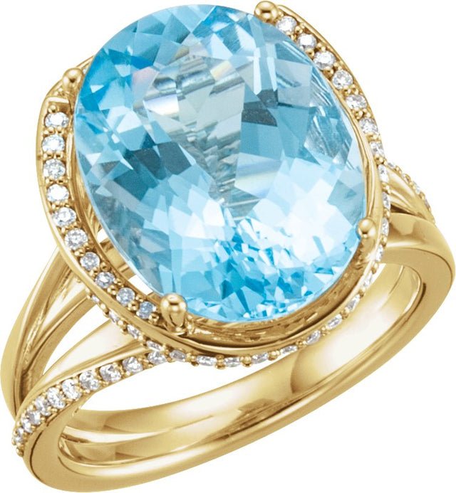 14K Gold Oval Natural Swiss Blue Topaz & Natural Diamond Accented Ring – 16x12mm - Yellow Gold