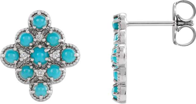 14K Gold Round Natural Turquoise & Natural Diamond Geometric Cabochon Earrings - White Gold