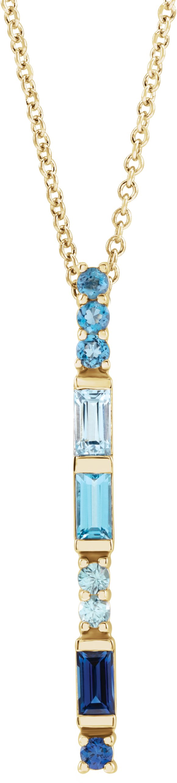 14K Gold Straight Baguette Natural Blue Multi-Gemstone Baguette Bar Necklace or Slide Pendant - Yellow Gold