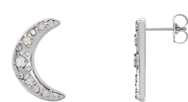 14K Gold Round Natural White Opal & Natural Diamond Crescent Moon Earrings - White Gold