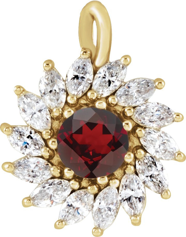 14K Gold Round Natural Mozambique Garnet & Natural Diamond Halo-Style Necklace or Pendant – 3.5-6mm Stones - Yellow Gold