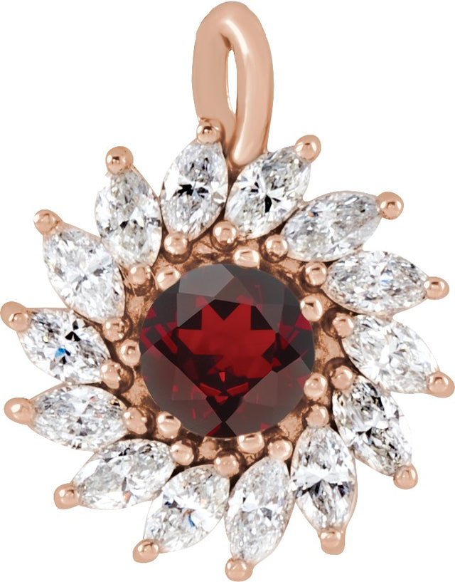 14K Gold Round Natural Mozambique Garnet & Natural Diamond Halo-Style Necklace or Pendant – 3.5-6mm Stones - Rose Gold