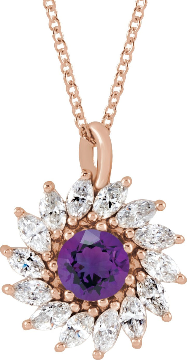 14K Gold Round Natural Amethyst & Natural Diamond Halo-Style Necklace or Pendant – 3.5-6mm Stones - Rose Gold