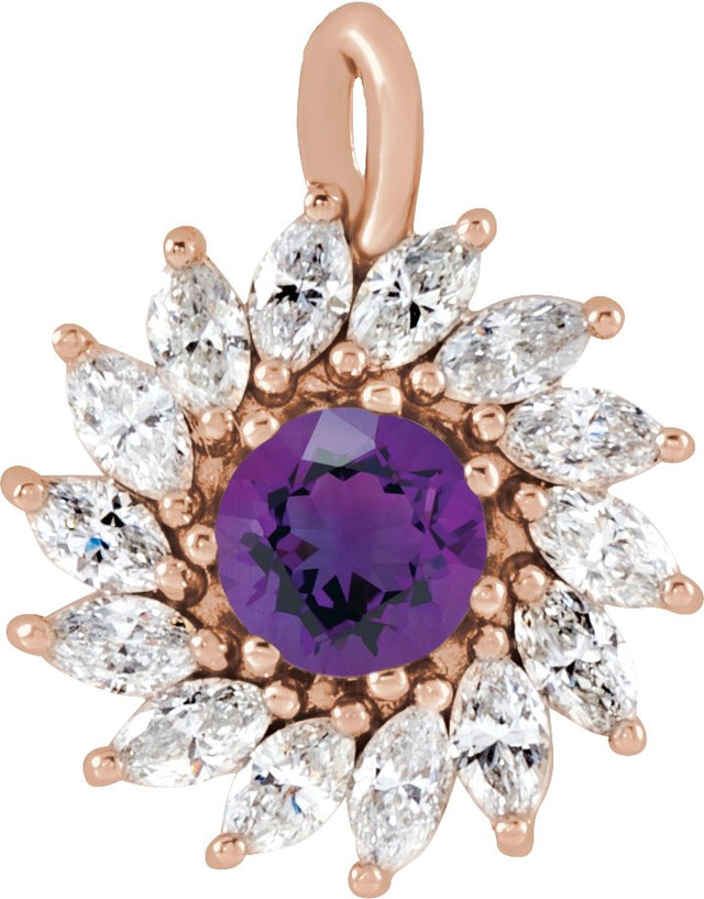 14K Gold Round Natural Amethyst & Natural Diamond Halo-Style Necklace or Pendant – 3.5-6mm Stones - Rose Gold