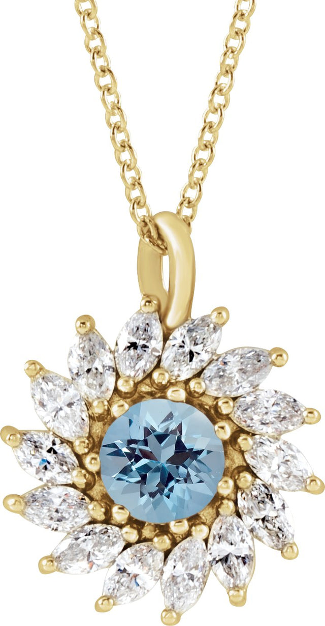 14K Gold Round Natural Aquamarine & Natural Diamond Halo-Style Necklace or Pendant – 3.5-6mm Stones - Yellow Gold