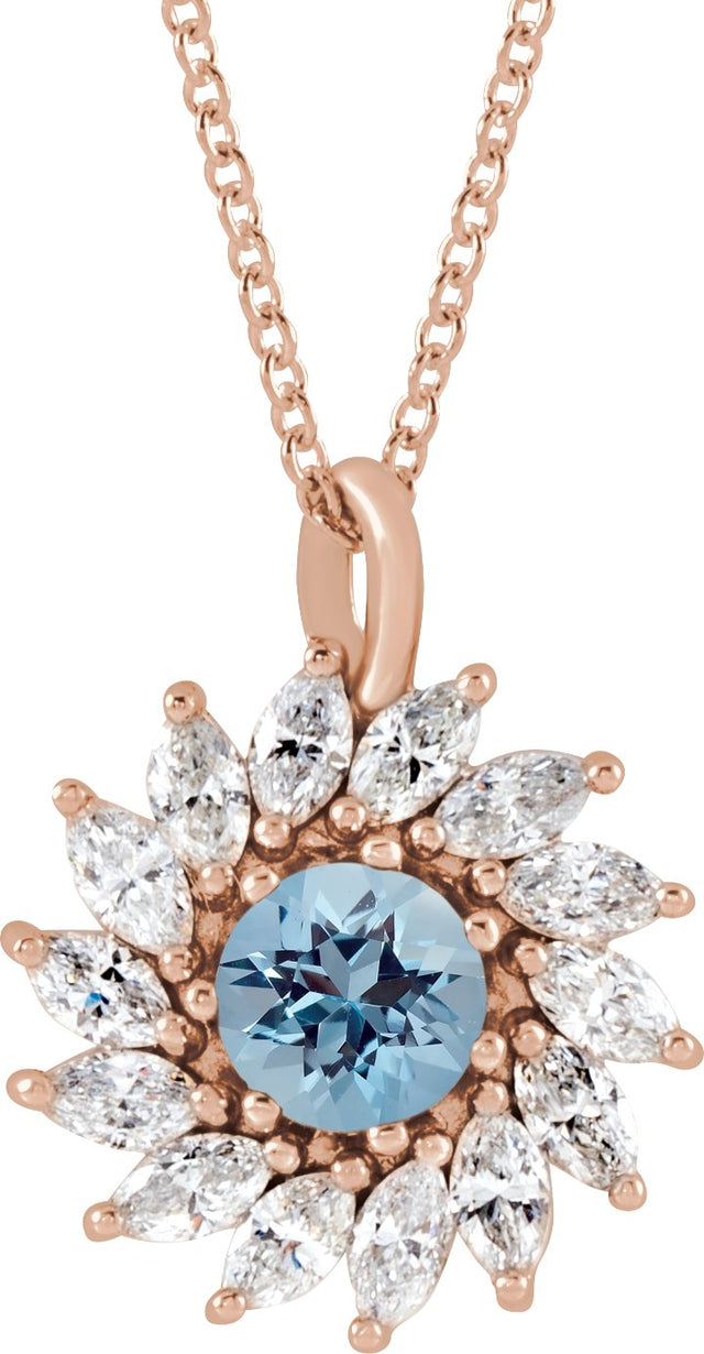 14K Gold Round Natural Aquamarine & Natural Diamond Halo-Style Necklace or Pendant – 3.5-6mm Stones - Rose Gold