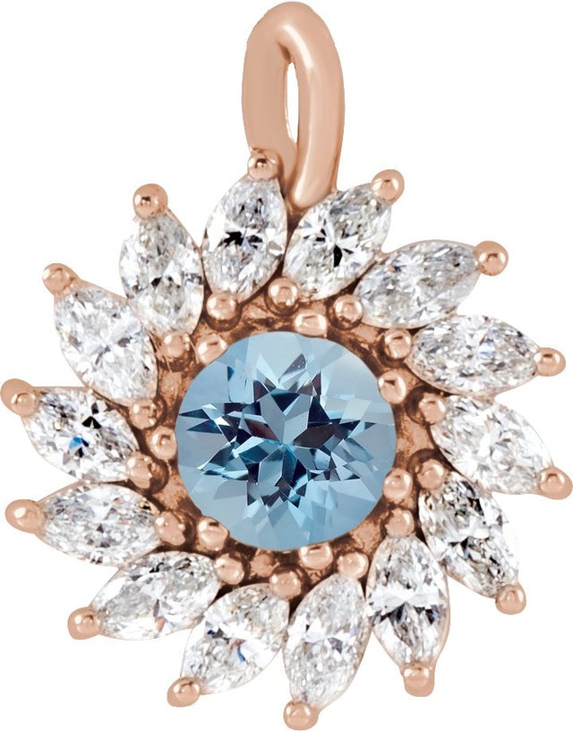 14K Gold Round Natural Aquamarine & Natural Diamond Halo-Style Necklace or Pendant – 3.5-6mm Stones - Rose Gold