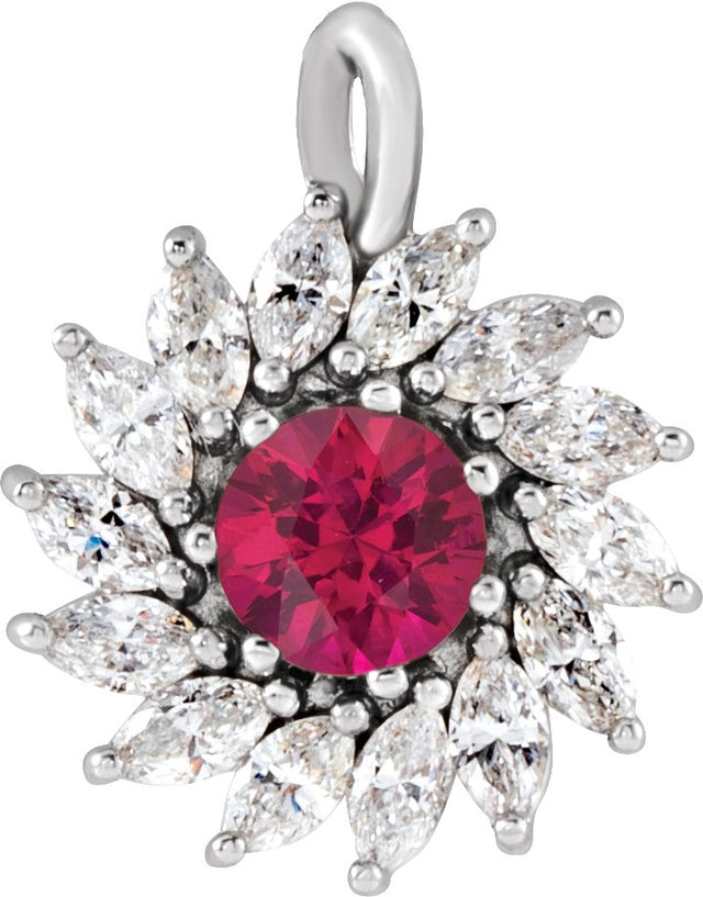 14K Gold Round Lab-Grown Ruby & Natural Diamond Halo-Style Necklace or Pendant – 3.5-6mm Stones - White Gold