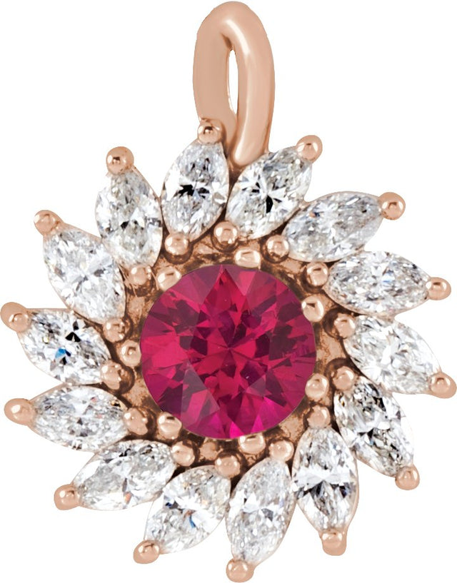 14K Gold Round Natural Ruby & Natural Diamond Halo-Style Necklace or Pendant – 4-5mm Stones - Rose Gold