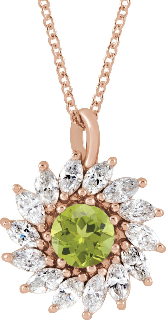 14K Gold Round Natural Peridot & Natural Diamond Halo-Style Necklace or Pendant – 3.5-6mm Stones - Rose Gold