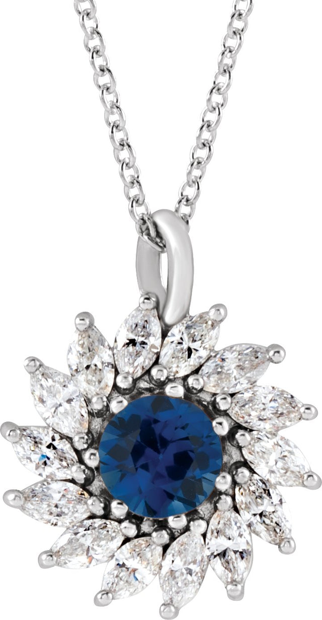 Platinum Round Lab-Grown Blue Sapphire & Natural Diamond Halo-Style Necklace or Pendant – 3.5-6mm Stones