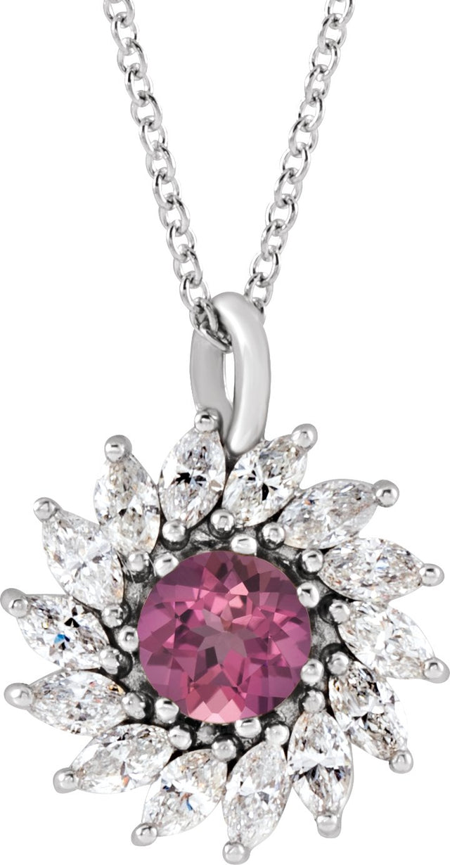 Platinum Round Natural Pink Tourmaline & Natural Diamond Halo-Style Necklace or Pendant – 3.5-6mm Stones