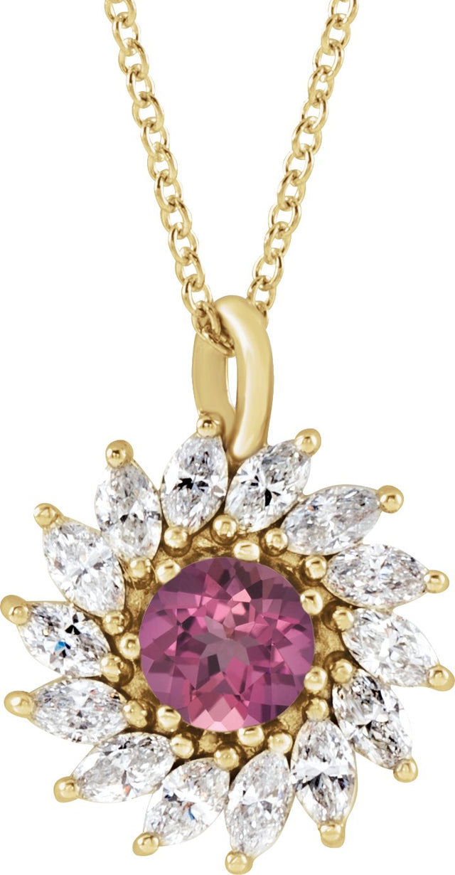 14K Gold Round Natural Pink Tourmaline & Natural Diamond Halo-Style Necklace or Pendant – 3.5-6mm Stones - Yellow Gold