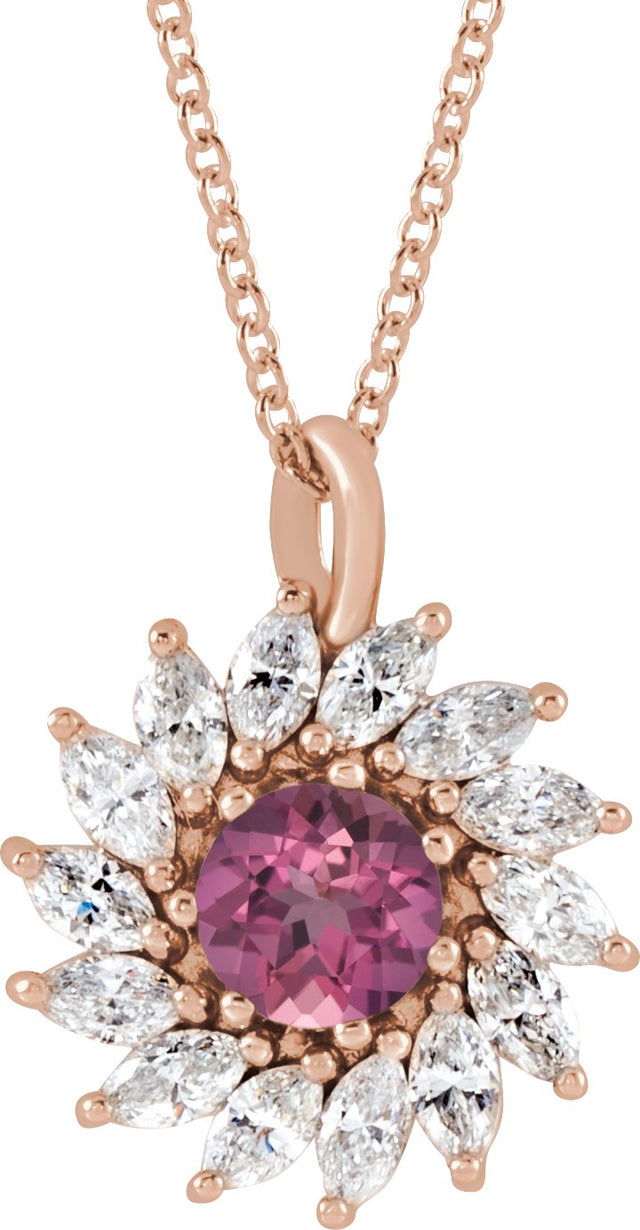 14K Gold Round Natural Pink Tourmaline & Natural Diamond Halo-Style Necklace or Pendant – 3.5-6mm Stones - Rose Gold
