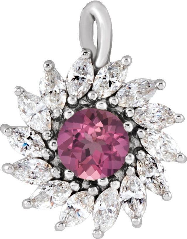 14K Gold Round Natural Pink Tourmaline & Natural Diamond Halo-Style Necklace or Pendant – 3.5-6mm Stones - White Gold