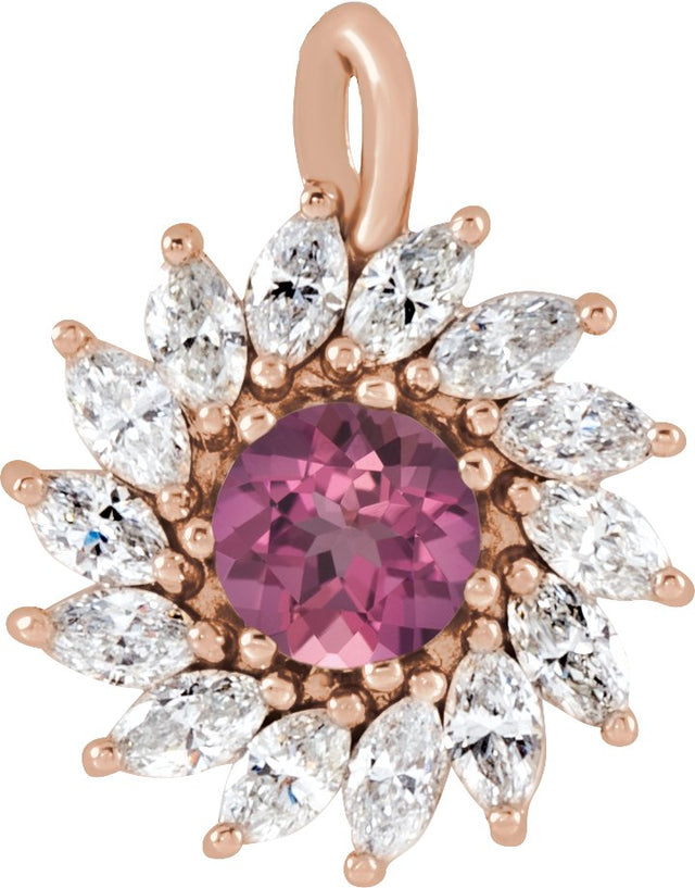 14K Gold Round Natural Pink Tourmaline & Natural Diamond Halo-Style Necklace or Pendant – 3.5-6mm Stones - Rose Gold